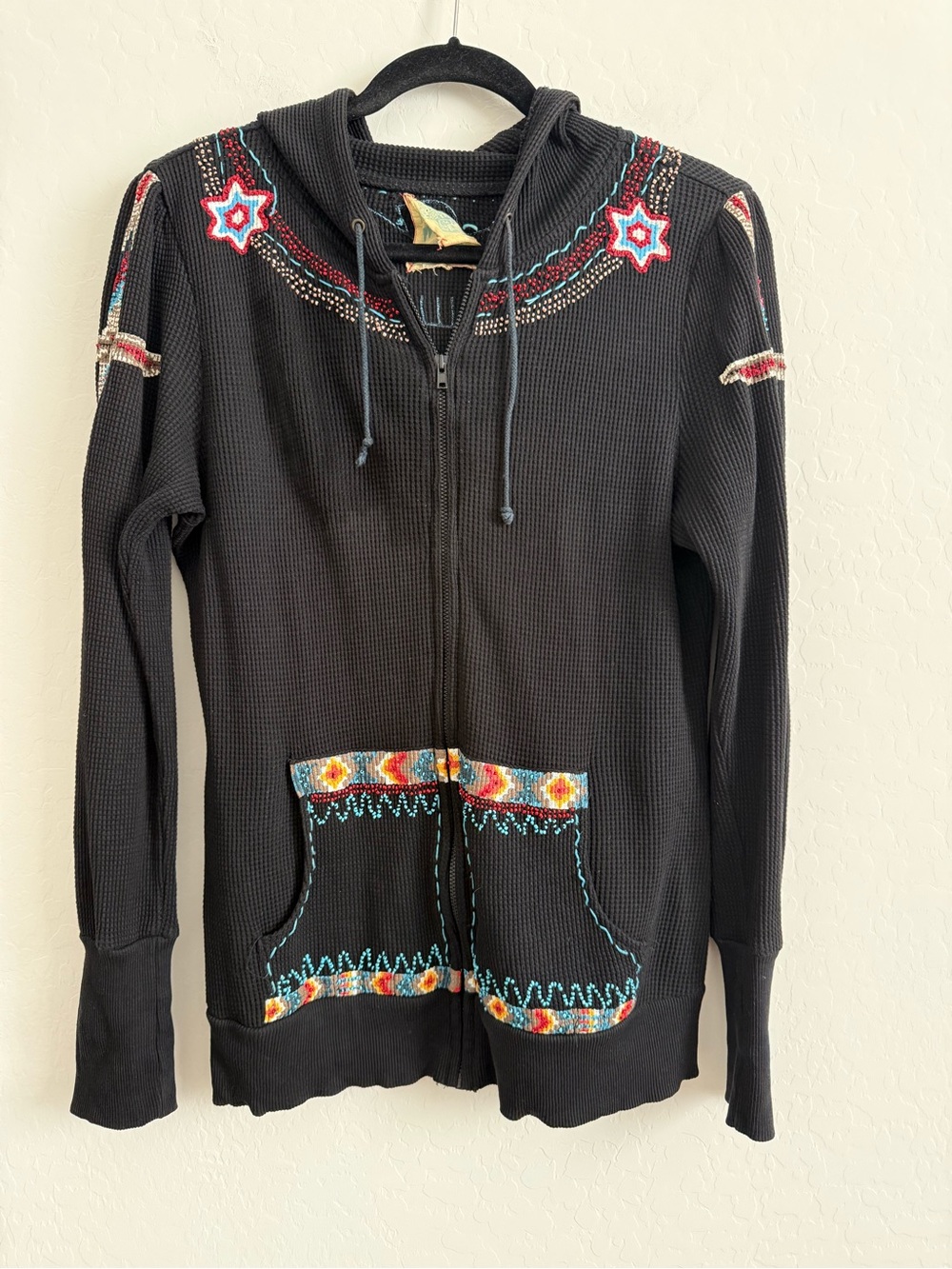 rare, vintage look Free People Southwest Embroidered Star Thermal Hoodie Sz M